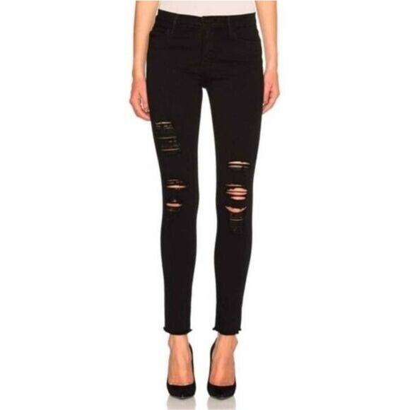 Frame Denim Black Le High Skinny Distressed Raw Hem Jeans Women's 27 - Picture 1 of 11